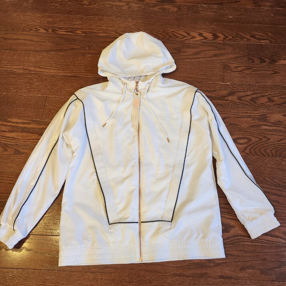 Adidas Women White Track Jacket Full Zip Gold Zipper Sz M Rare Find